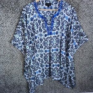 Lane Bryant White and Blue Patterned Beaded V-Neck Tunic